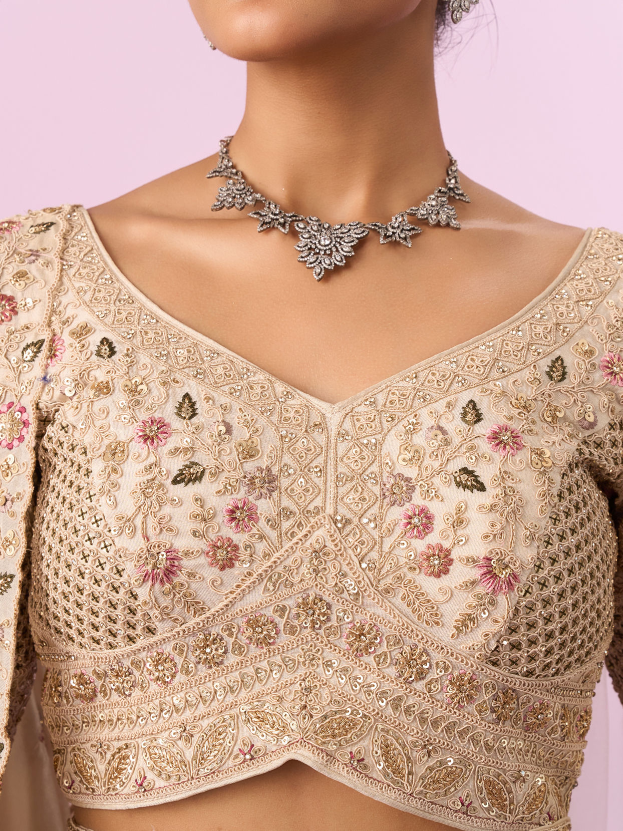 Mohey Women Cream Art Silk Bridal Lehenga with Latkan Belt