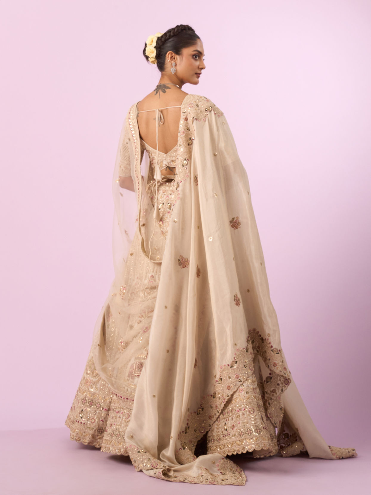 Mohey Women Cream Art Silk Bridal Lehenga with Latkan Belt