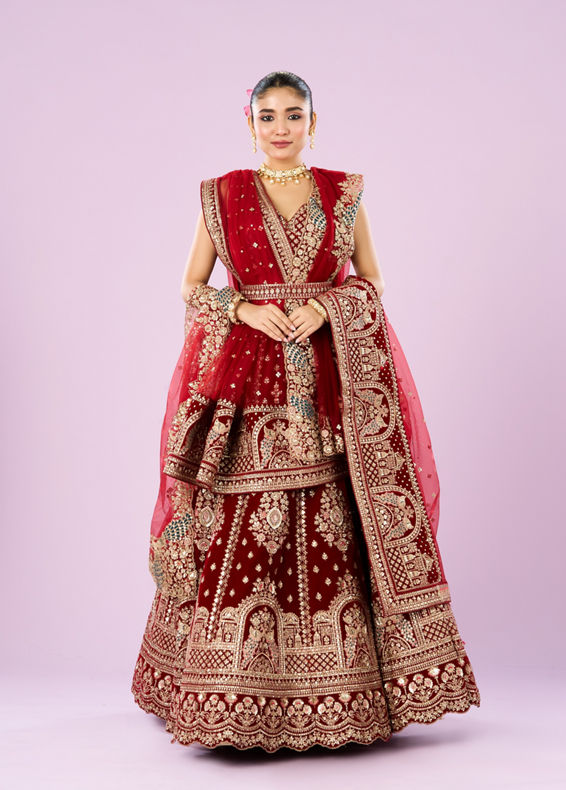 Mohey Women Royal Pink Velvet Bridal Lehenga