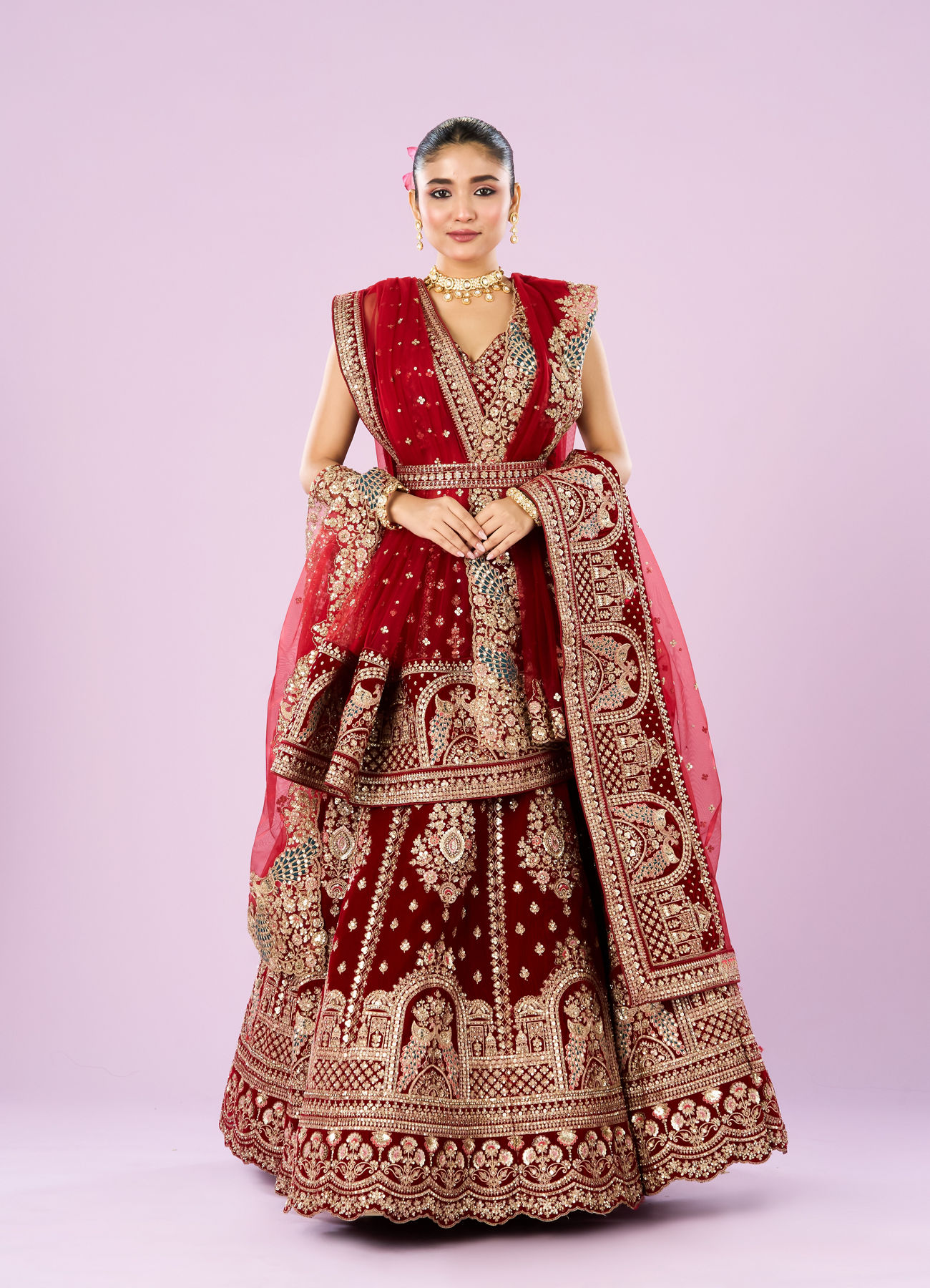 Mohey Women Royal Pink Velvet Bridal Lehenga