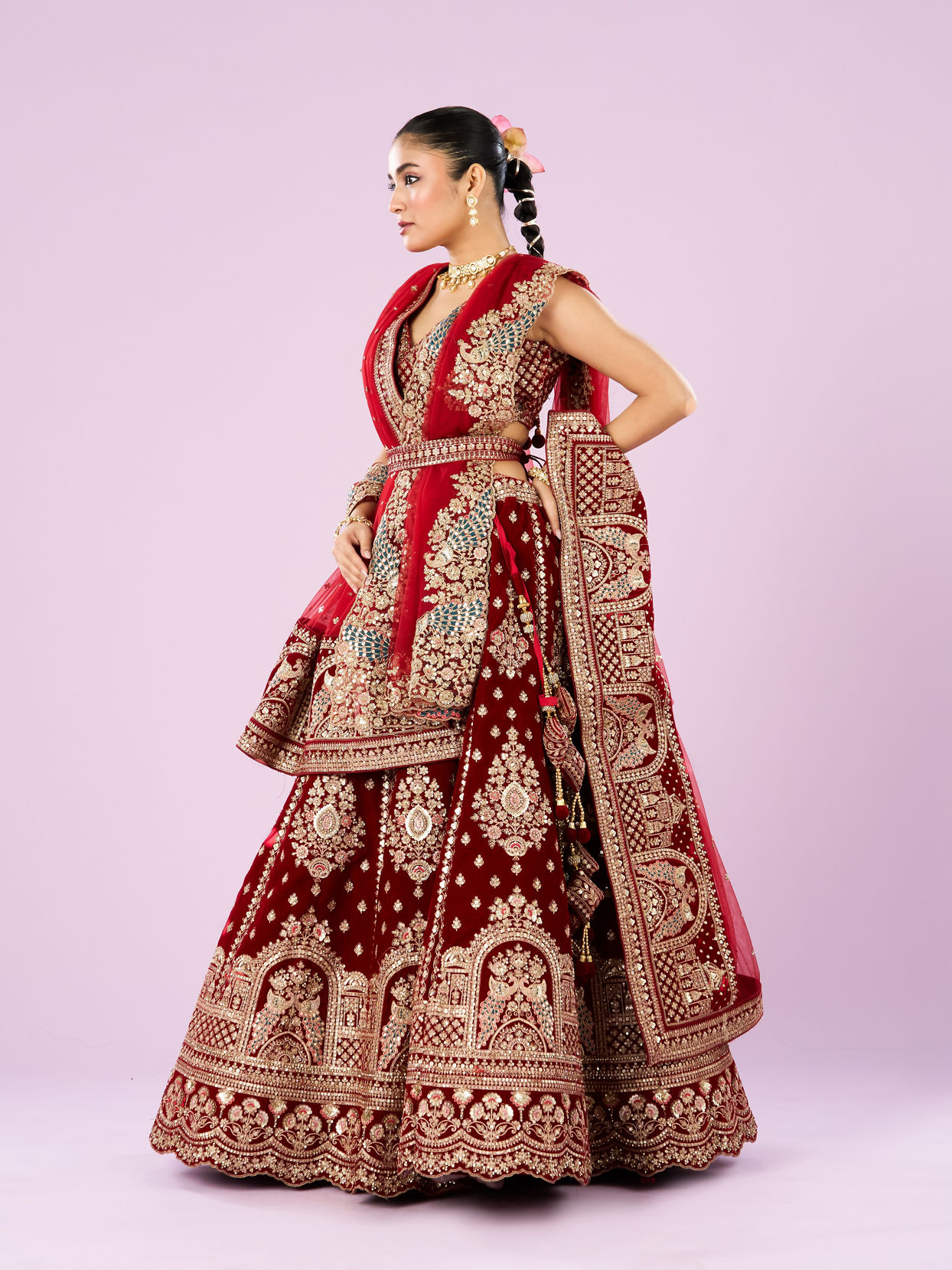 Mohey Women Royal Pink Velvet Bridal Lehenga