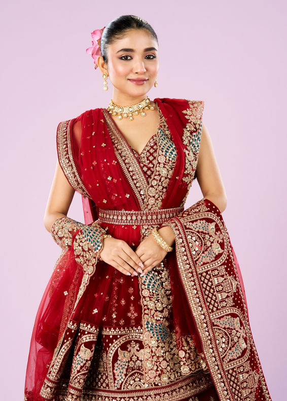Mohey Women Royal Pink Velvet Bridal Lehenga