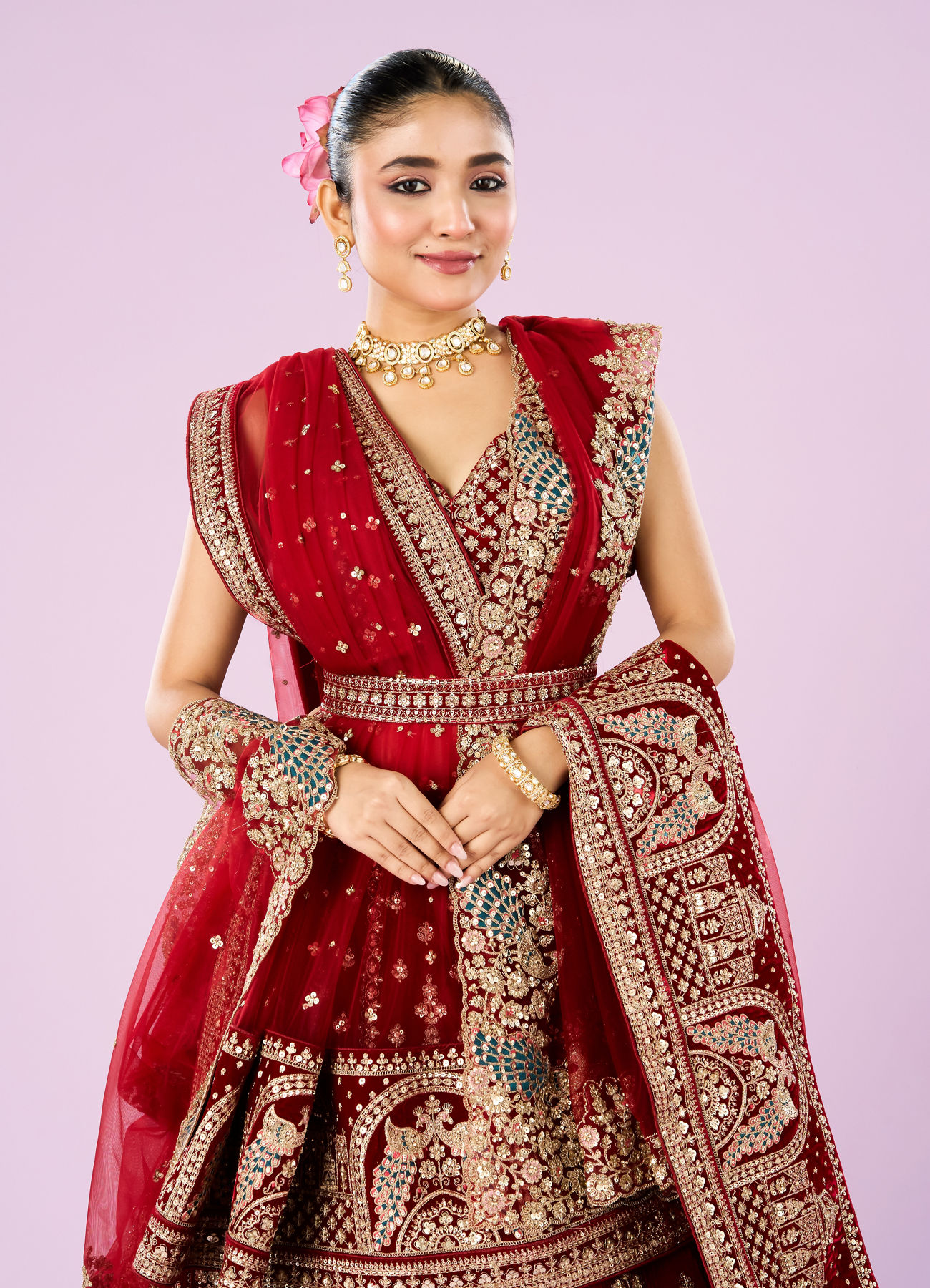 Mohey Women Royal Pink Velvet Bridal Lehenga