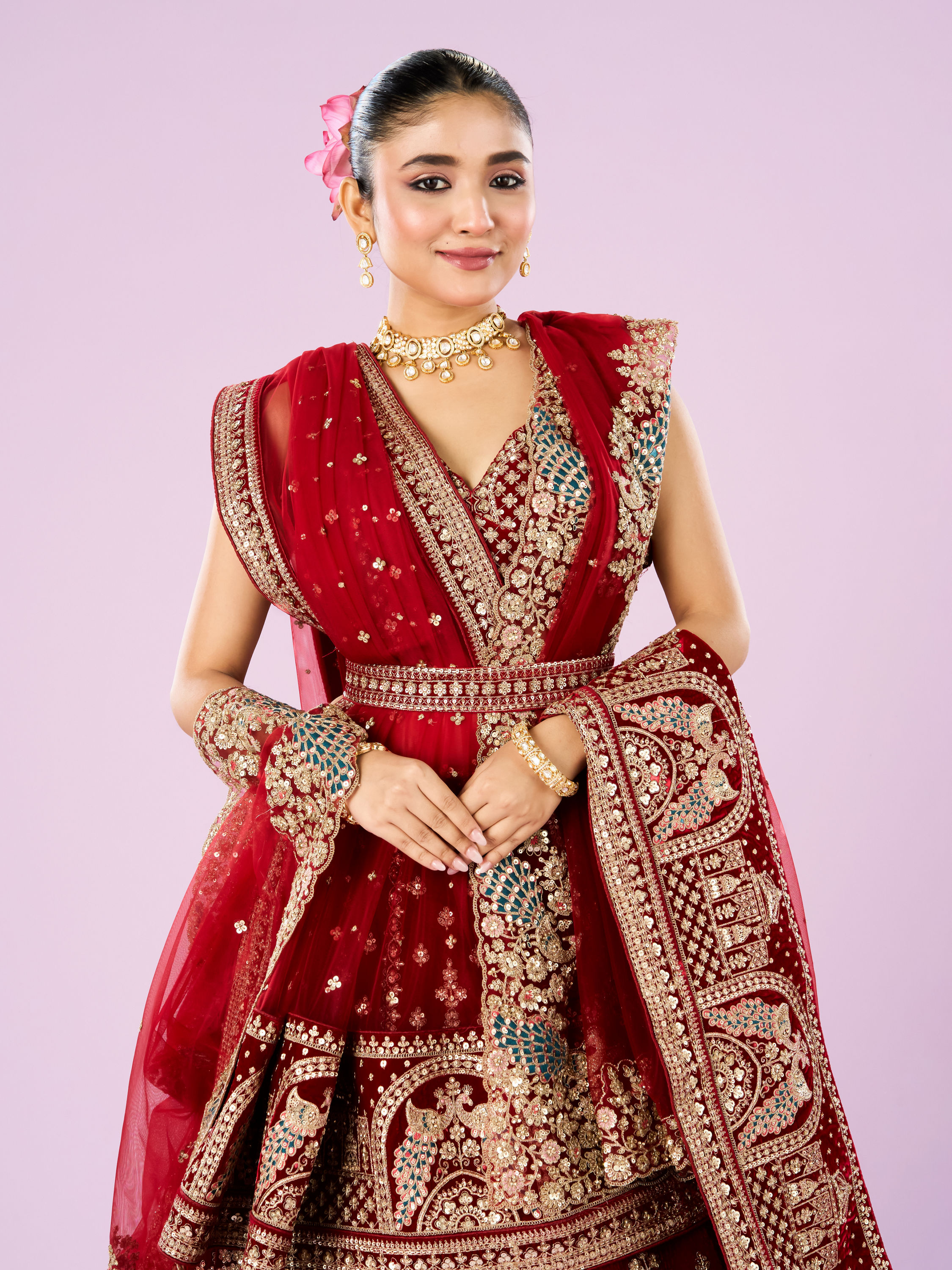 Mohey Women Royal Pink Velvet Bridal Lehenga