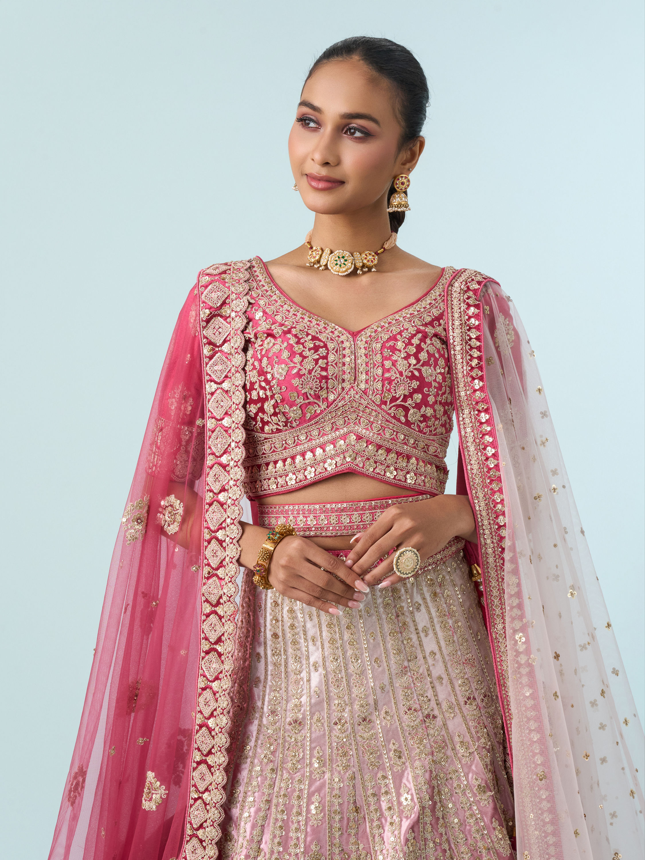 Mohey Women Dusty Pink Velvet Bridal Lehenga