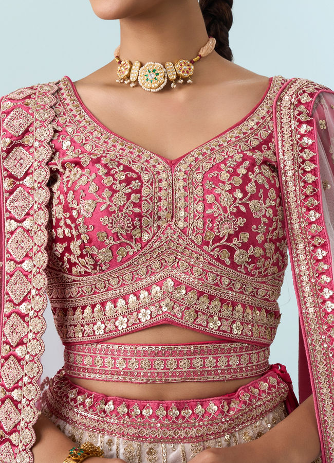 Mohey Women Dusty Pink Velvet Bridal Lehenga