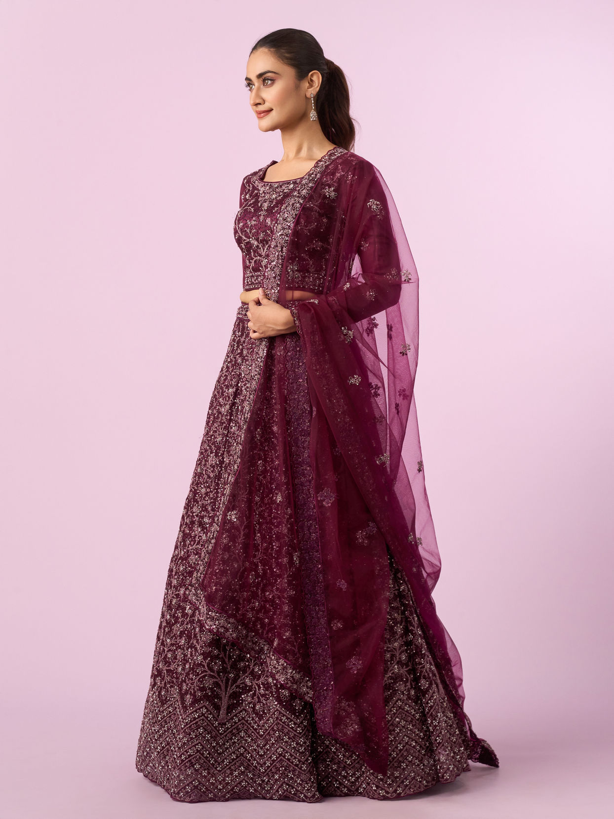 Mohey Women Enchanting Wine Net Lehenga