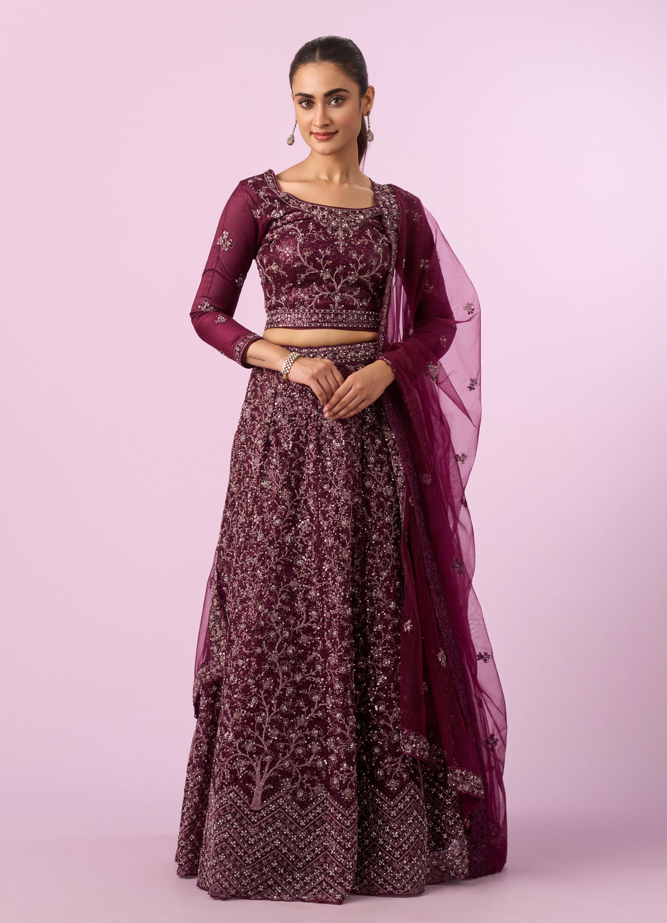 Mohey Women Enchanting Wine Net Lehenga