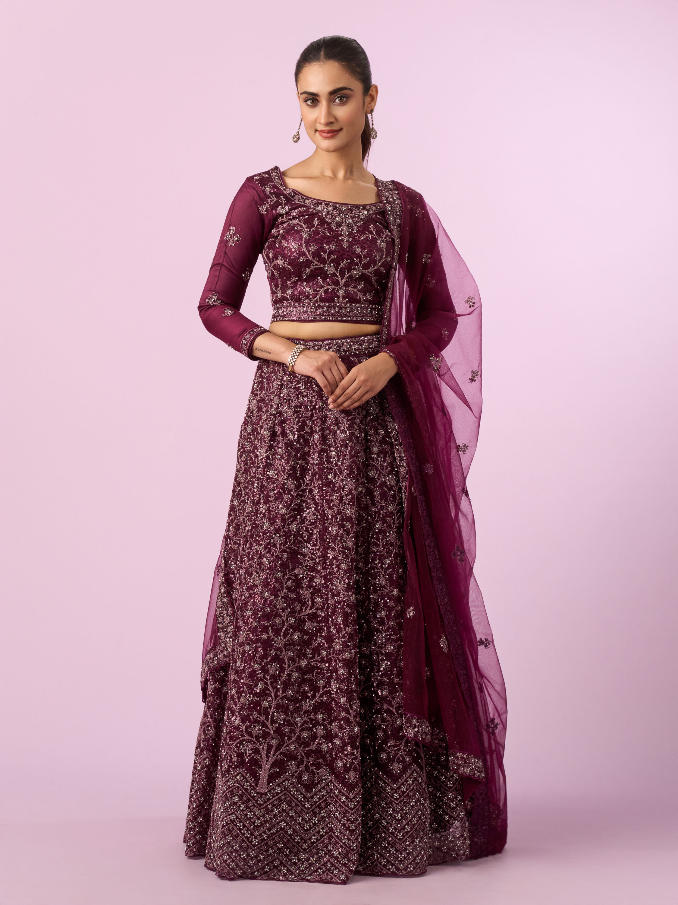 Mohey Women Enchanting Wine Net Lehenga