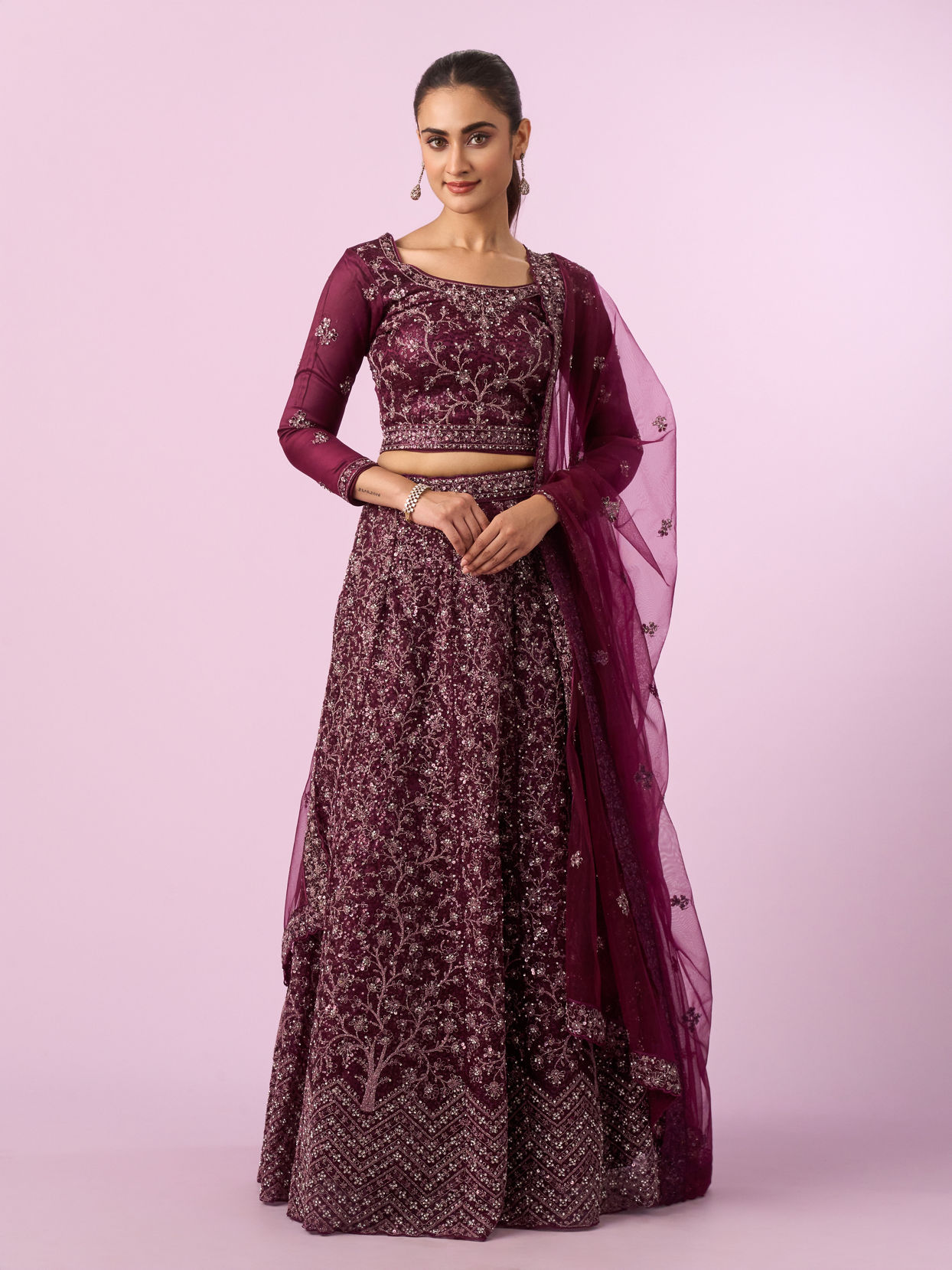 Mohey Women Enchanting Wine Net Lehenga