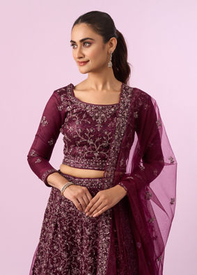 Mohey Women Enchanting Wine Net Lehenga