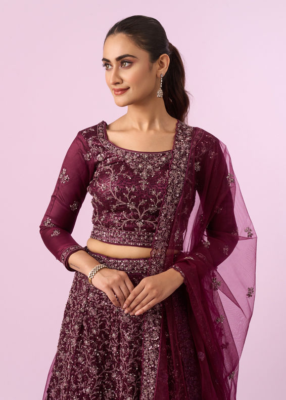 Mohey Women Enchanting Wine Net Lehenga