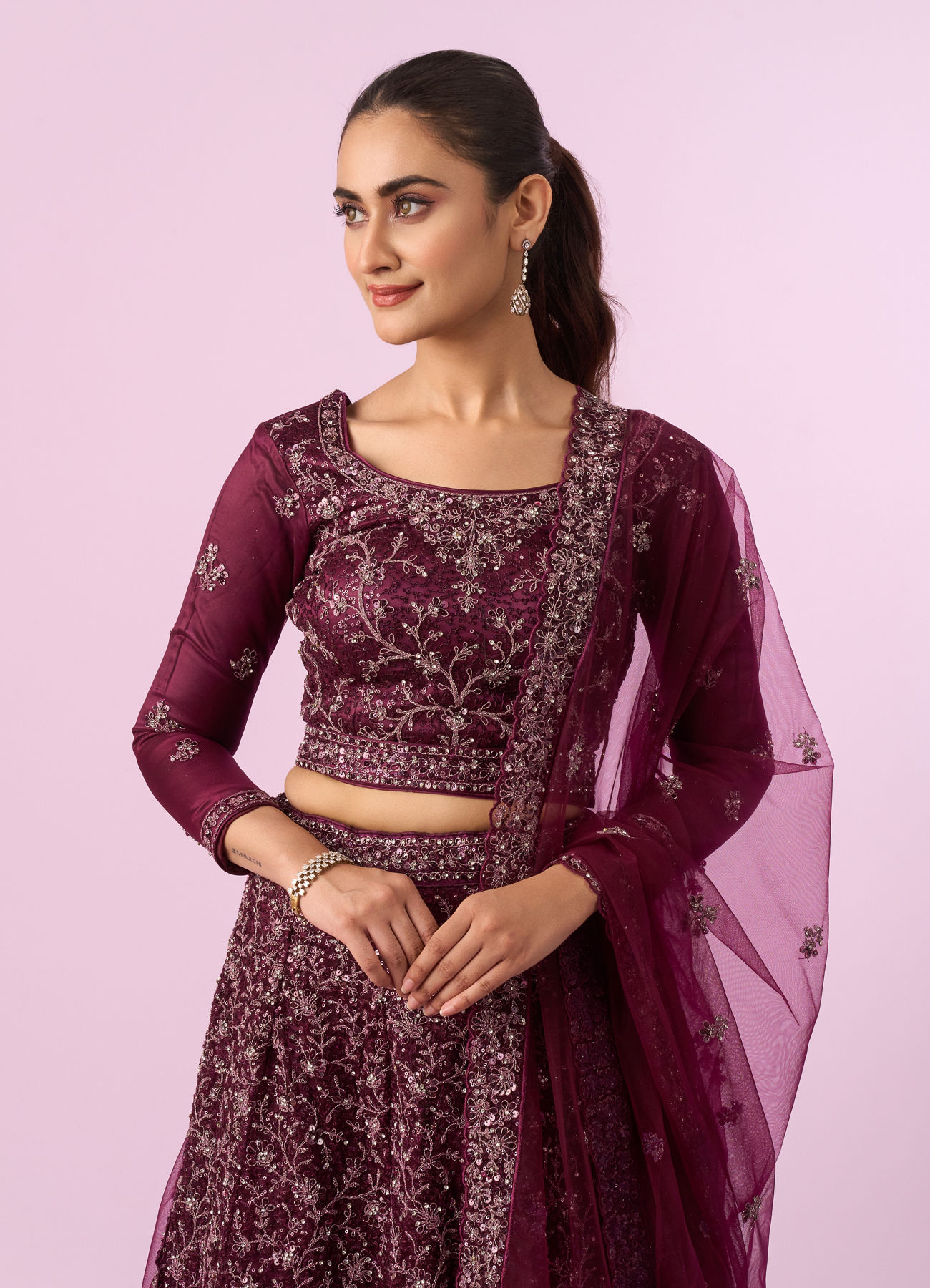 Mohey Women Enchanting Wine Net Lehenga
