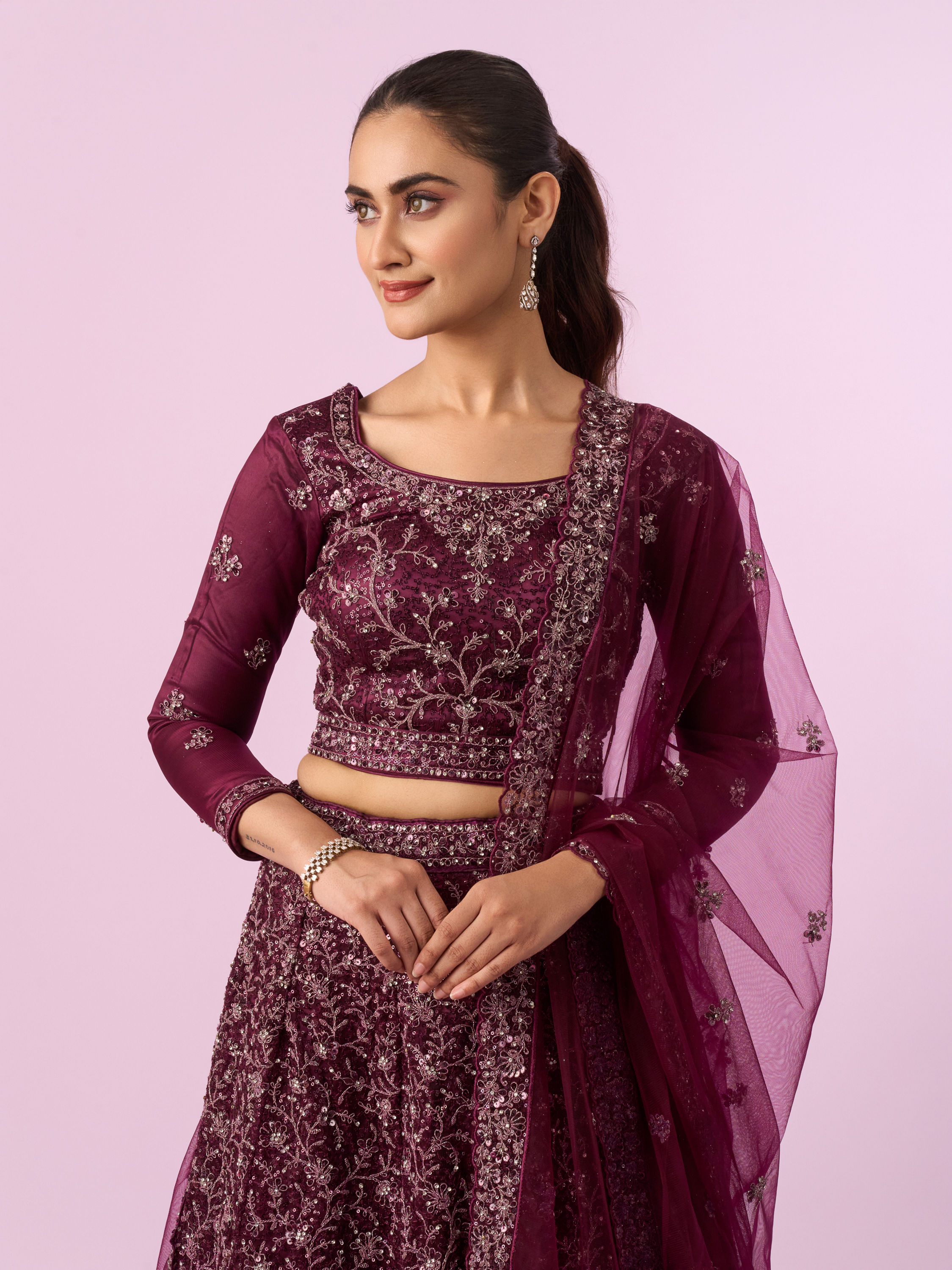 Mohey Women Enchanting Wine Net Lehenga