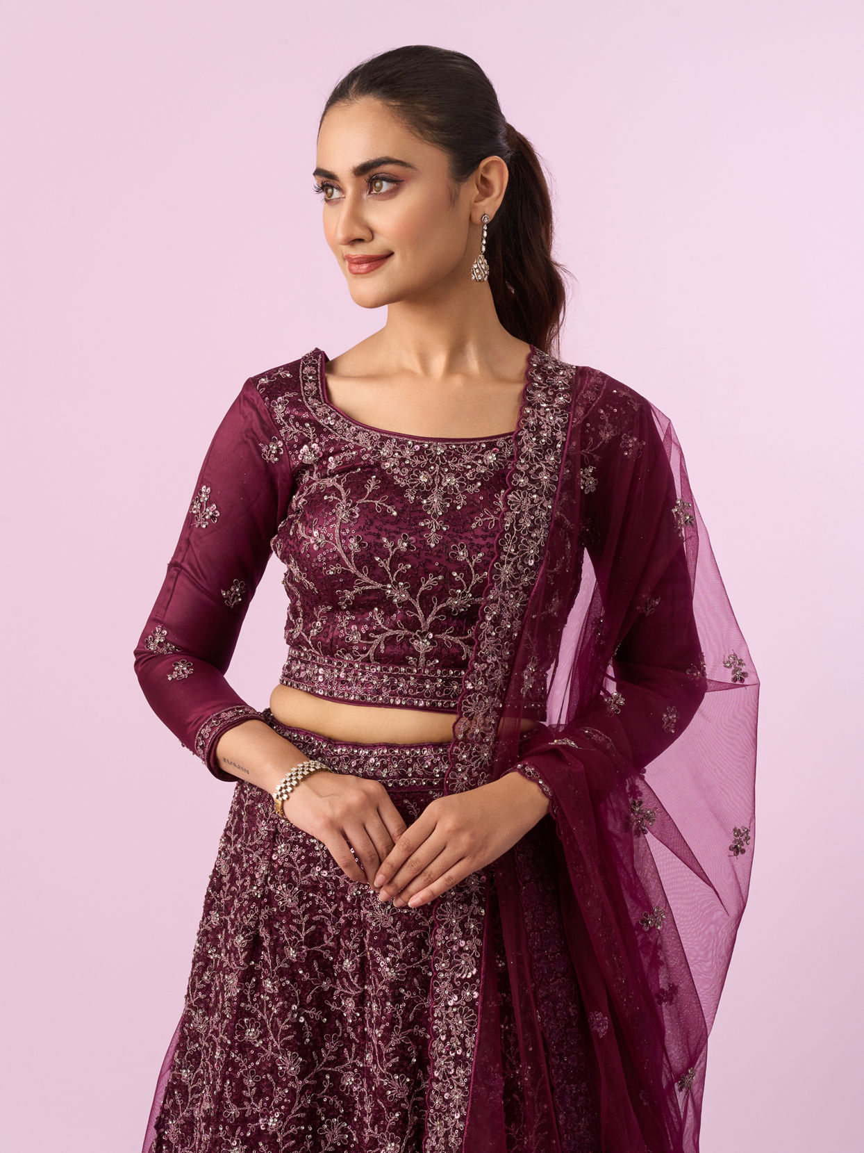 Mohey Women Enchanting Wine Net Lehenga