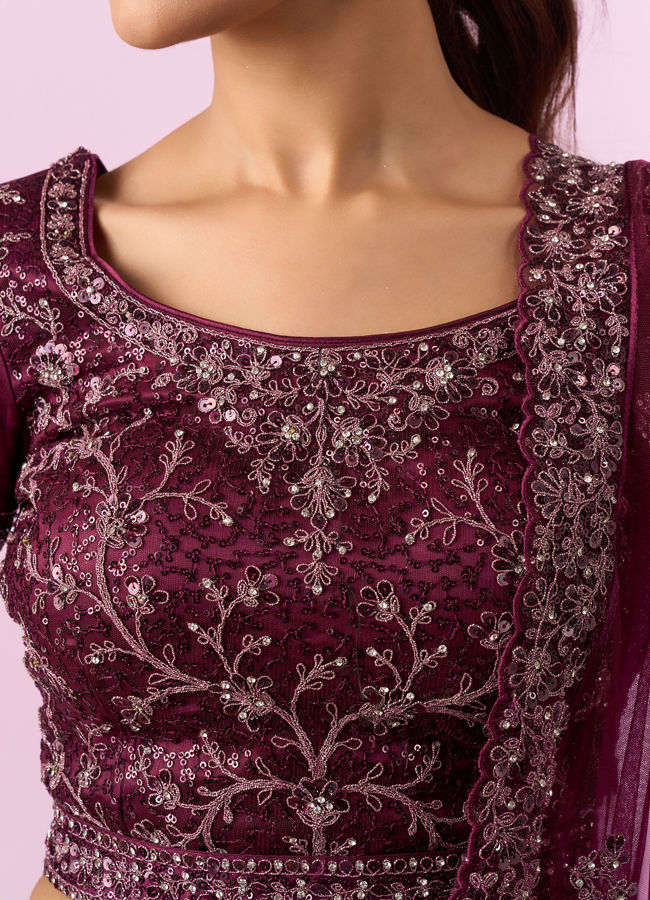 Mohey Women Enchanting Wine Net Lehenga