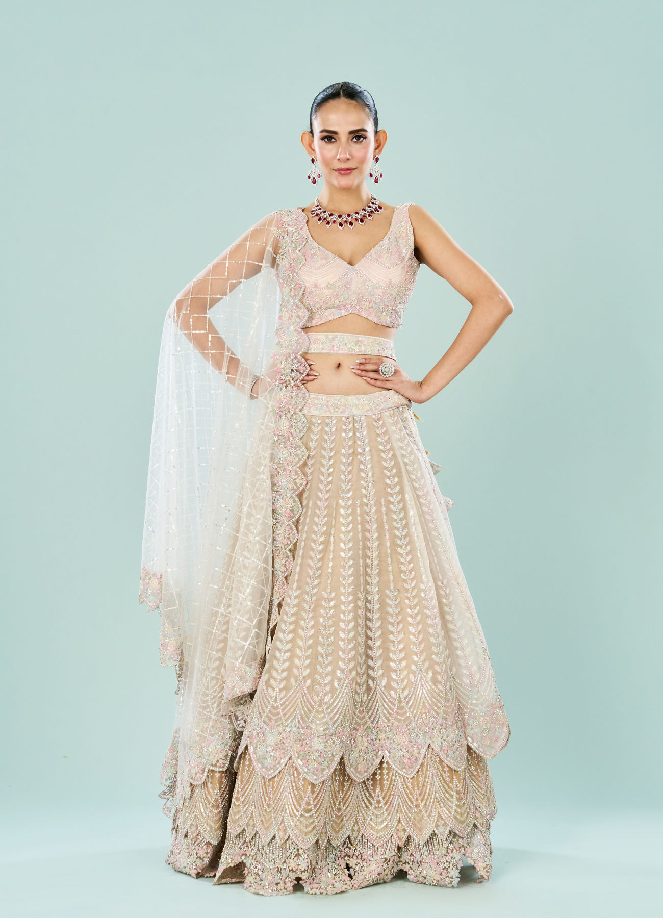 Mohey Women Cream Royal Elegance Semi Bridal Lehenga