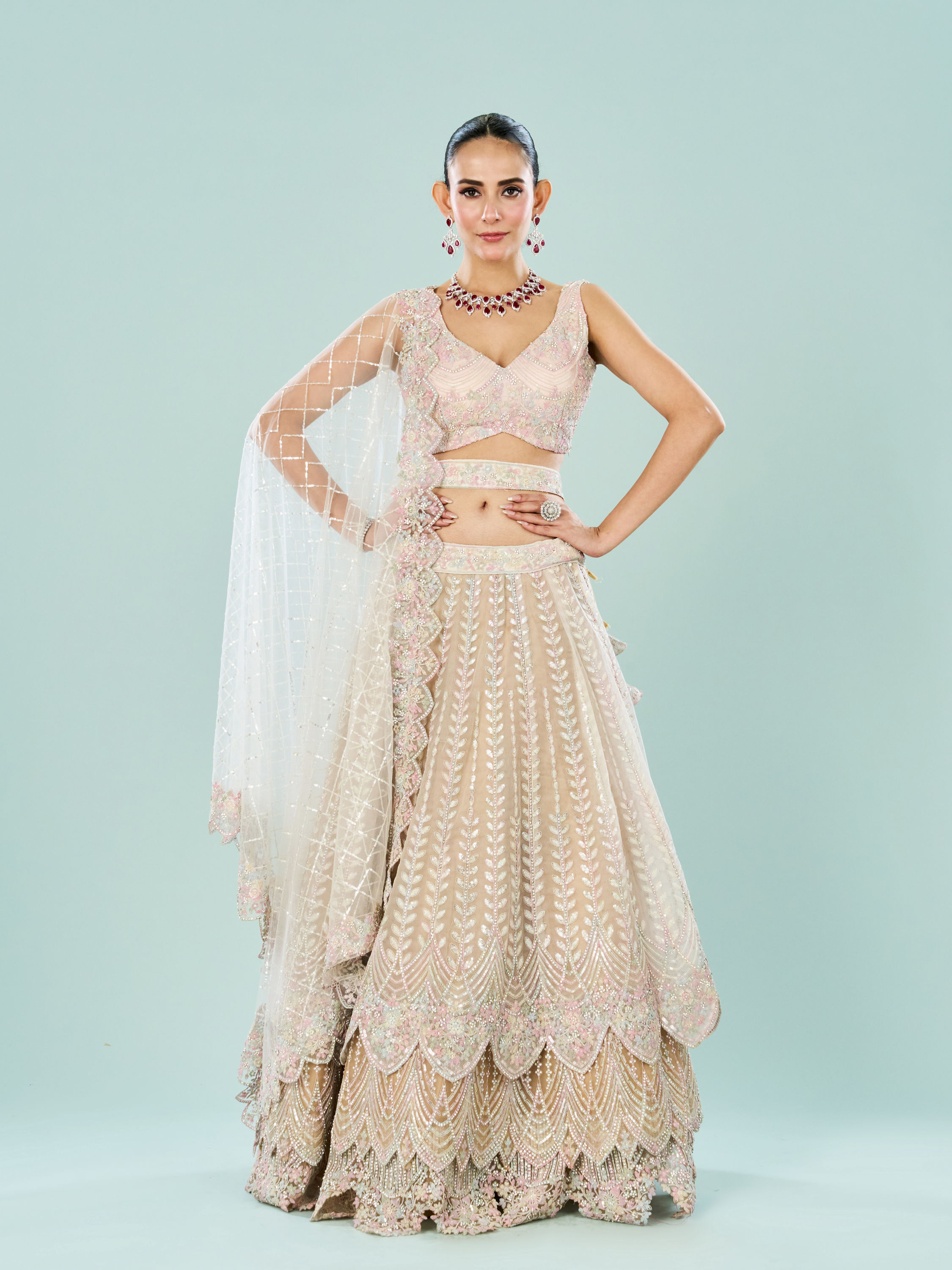 Mohey Women Cream Royal Elegance Semi Bridal Lehenga