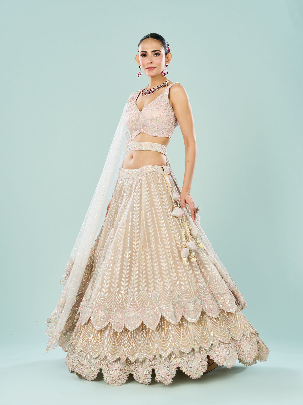 Mohey Women Cream Royal Elegance Semi Bridal Lehenga