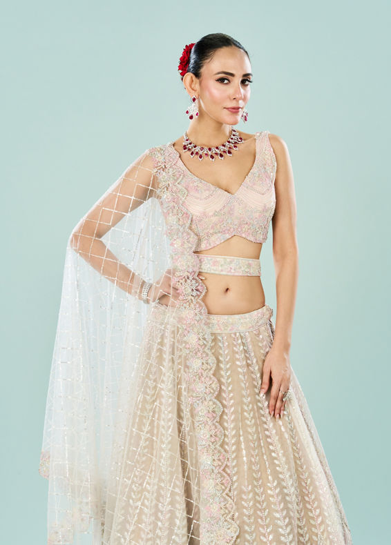 Mohey Women Cream Royal Elegance Semi Bridal Lehenga