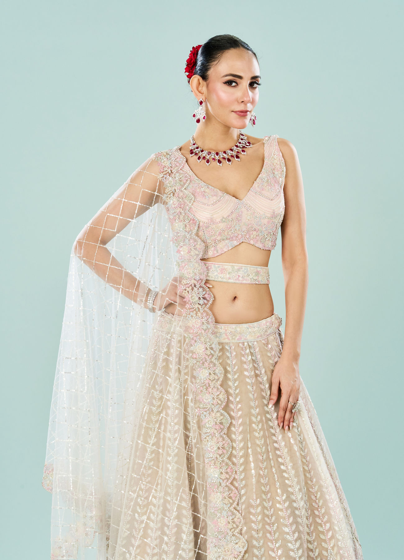 Mohey Women Cream Royal Elegance Semi Bridal Lehenga