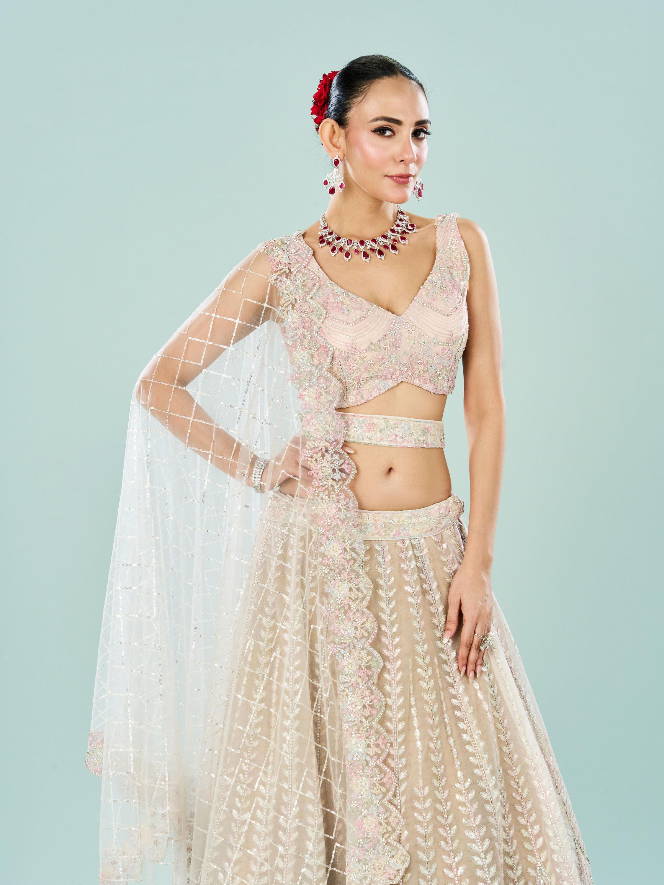Mohey Women Cream Royal Elegance Semi Bridal Lehenga