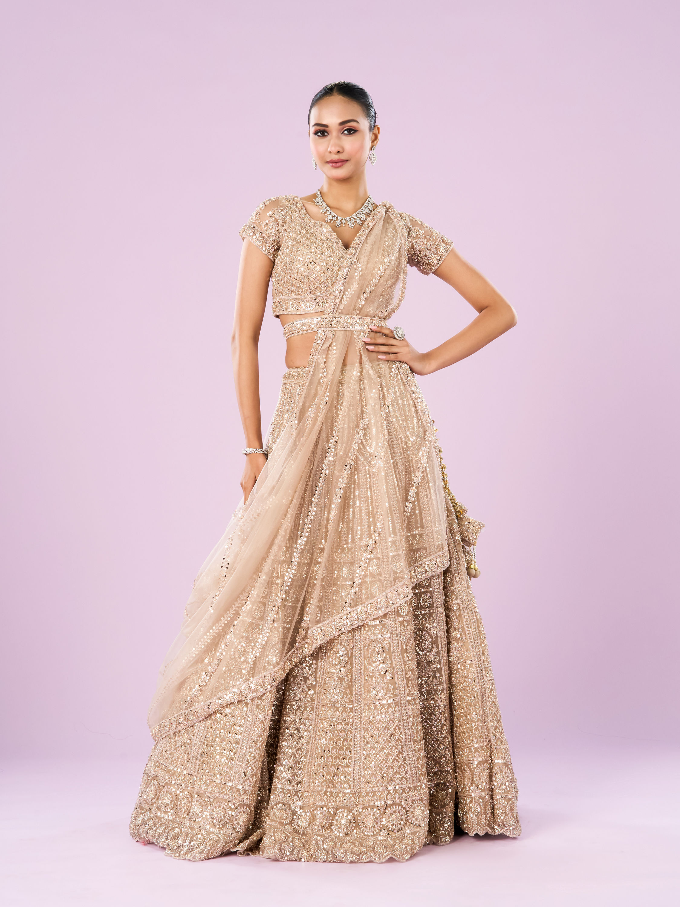 Mohey Women Exquisite Fawn Net Semi Bridal Lehenga