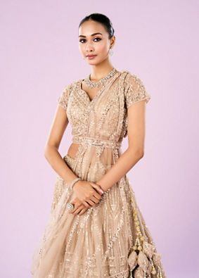 Mohey Women Exquisite Fawn Net Bridal Lehenga