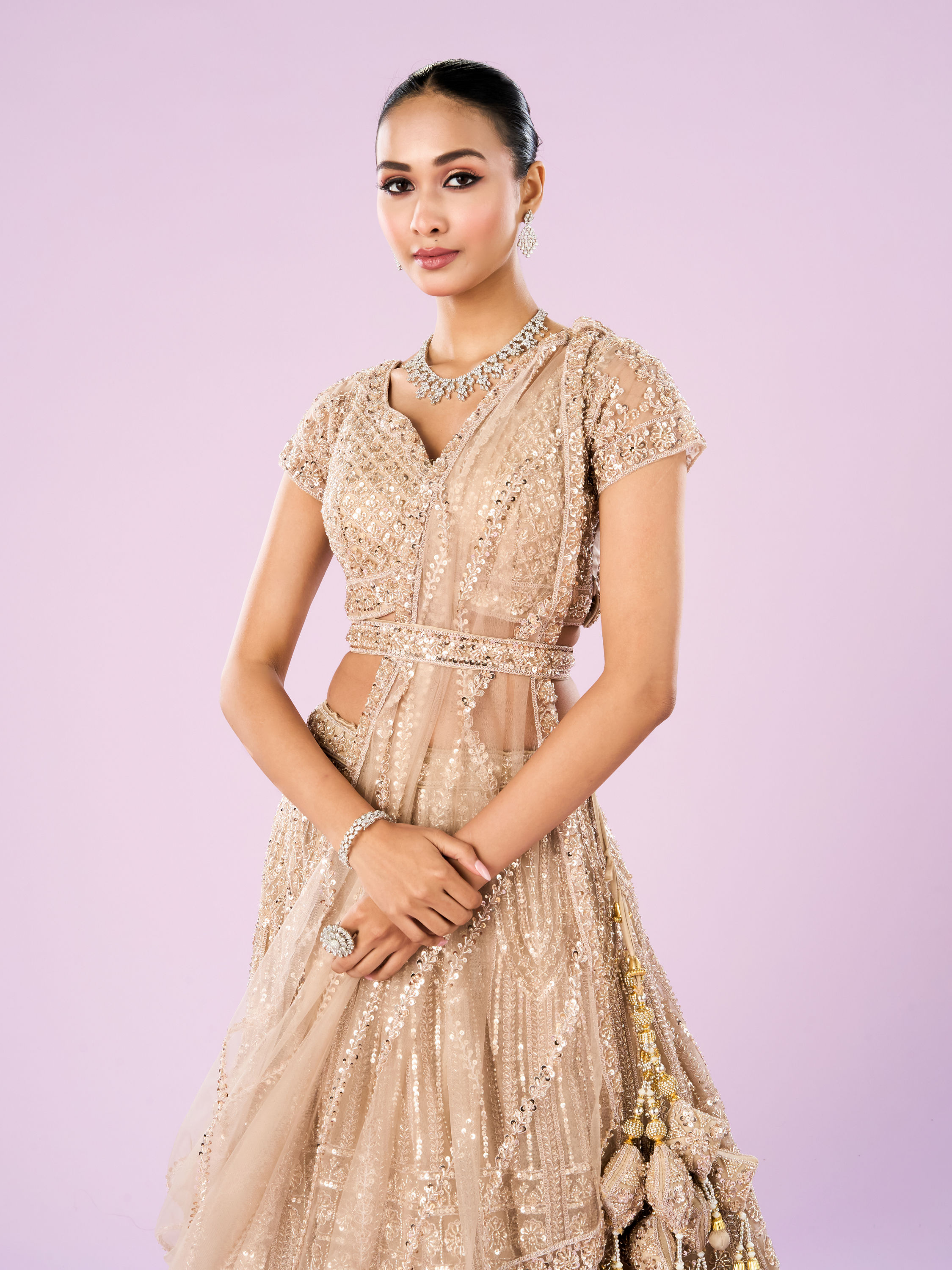 Mohey Women Exquisite Fawn Net Semi Bridal Lehenga
