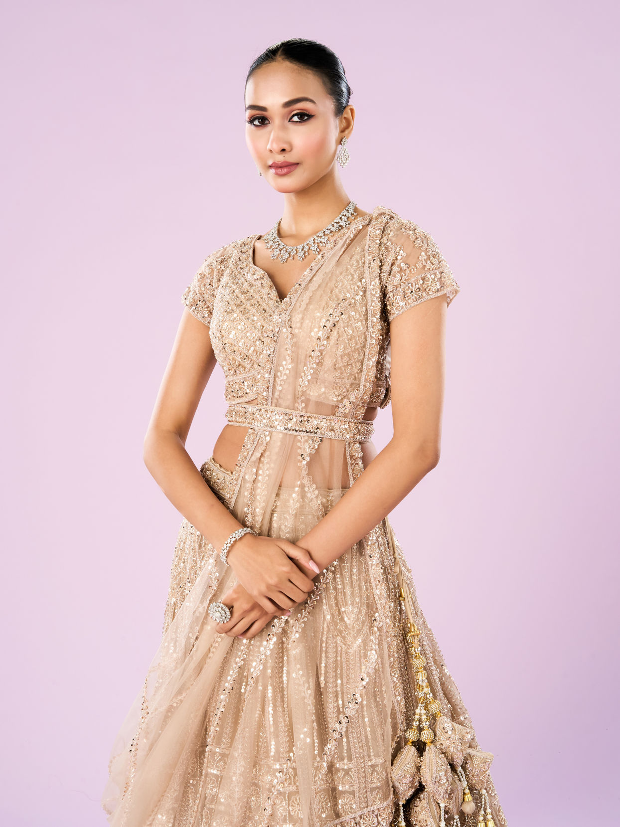 Mohey Women Exquisite Fawn Net Bridal Lehenga