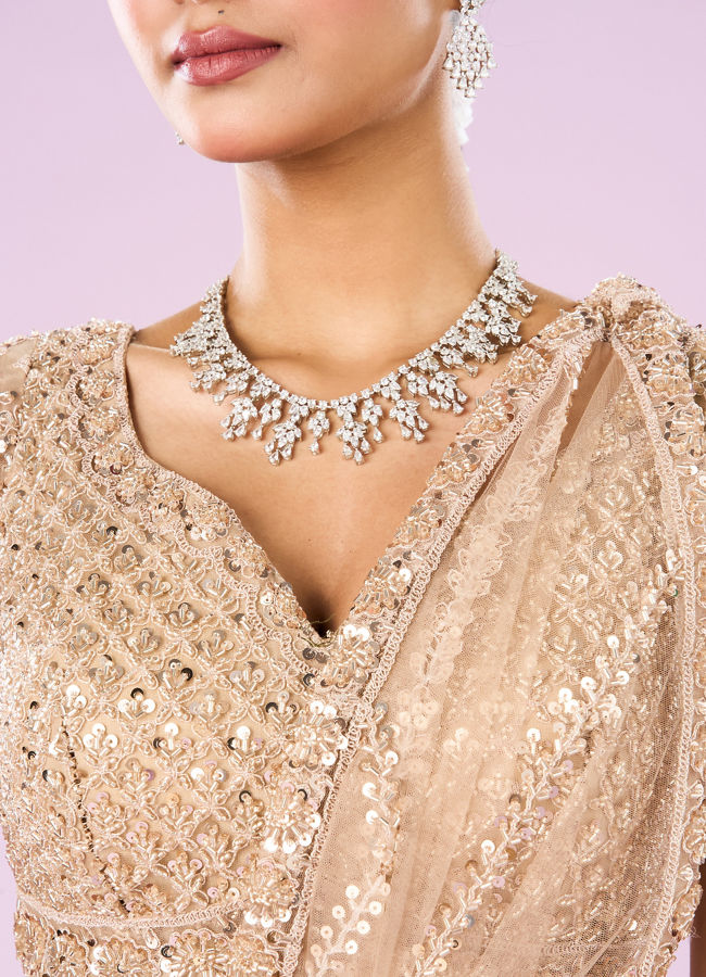 Mohey Women Exquisite Fawn Net Semi Bridal Lehenga
