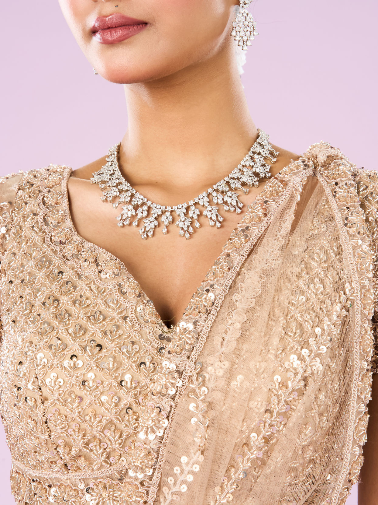 Mohey Women Exquisite Fawn Net Semi Bridal Lehenga