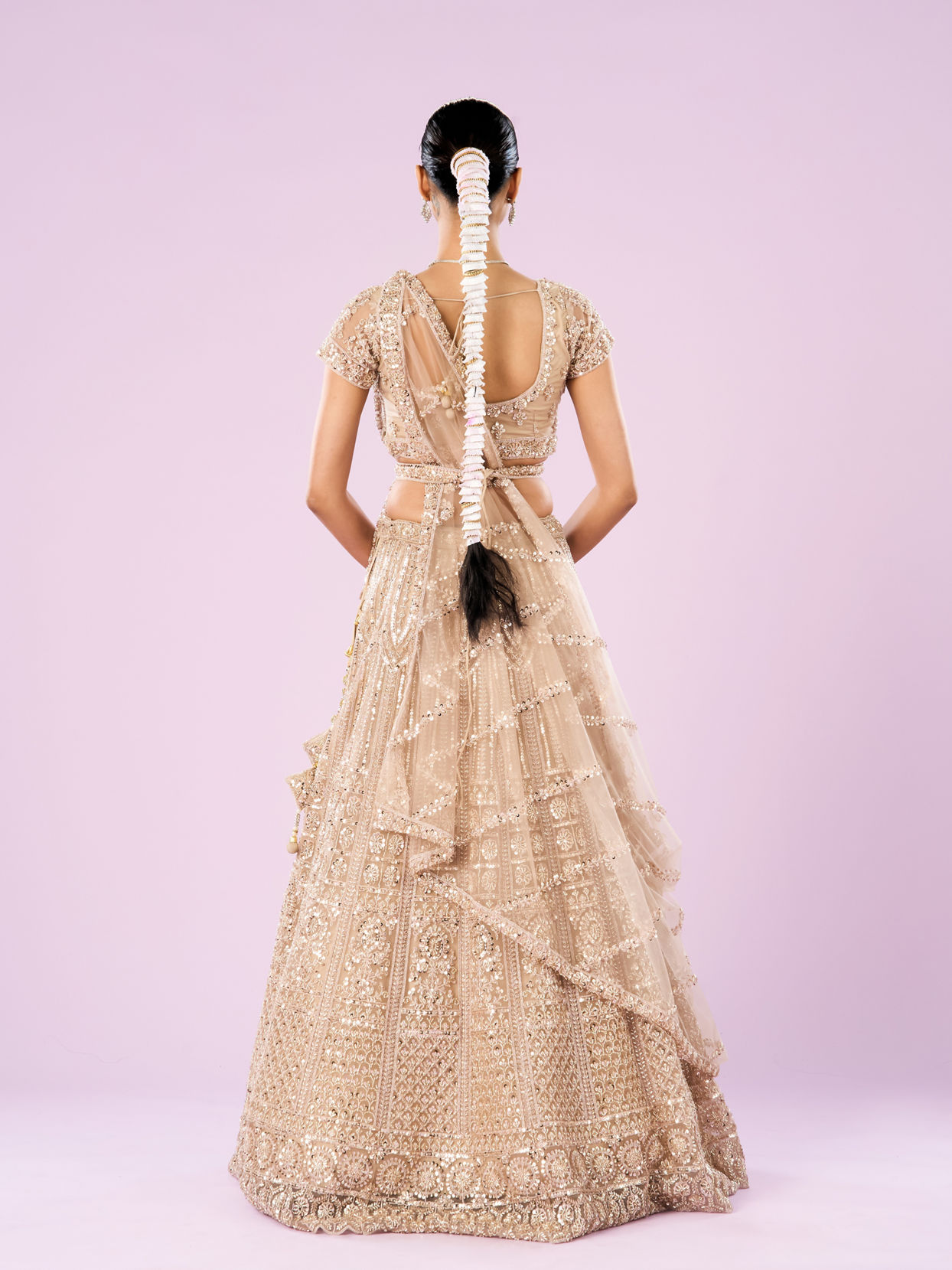 Mohey Women Exquisite Fawn Net Semi Bridal Lehenga