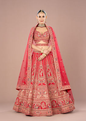 Mohey Women Fiery Red Festive Bridal Lehenga
