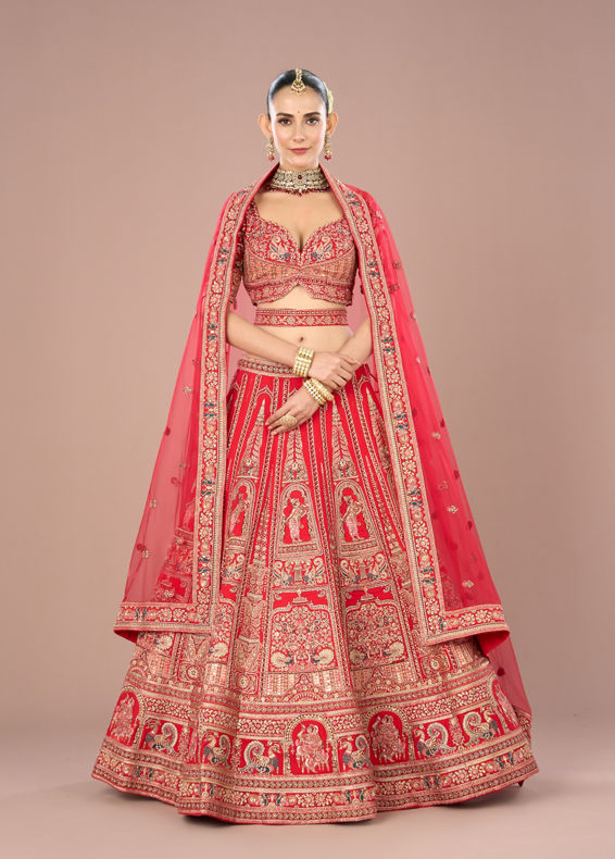 Mohey Women Fiery Red Festive Bridal Lehenga