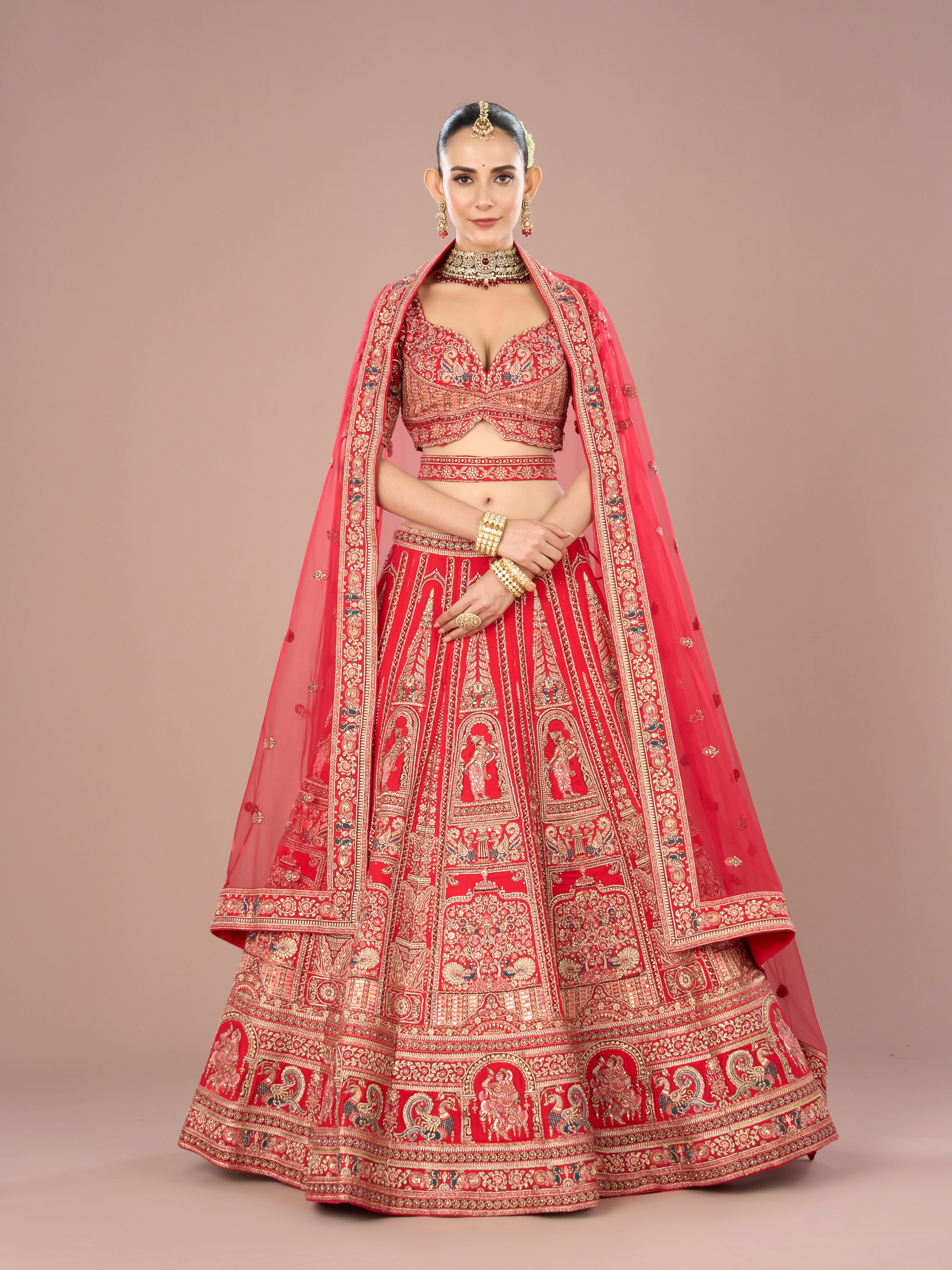 Mohey Women Fiery Red Festive Bridal Lehenga