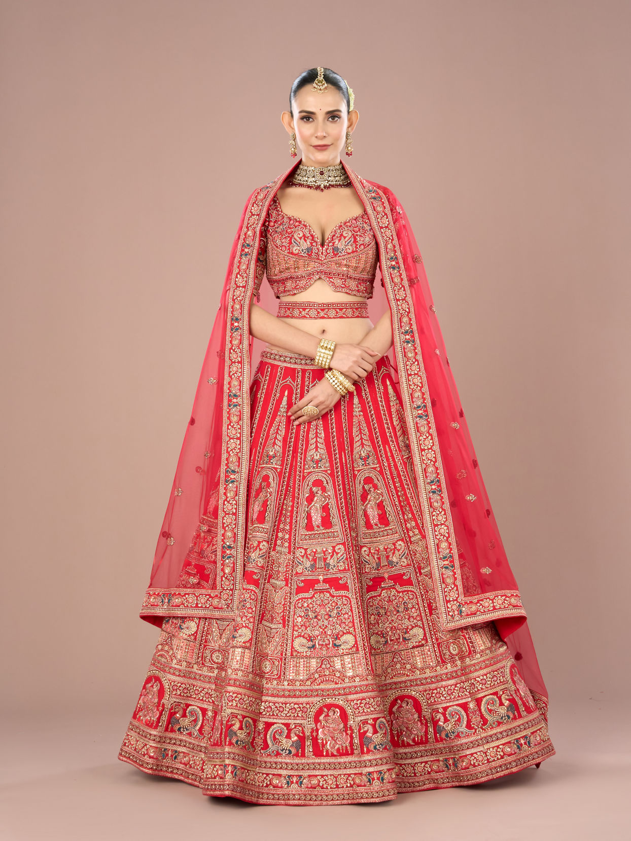Mohey Women Fiery Red Festive Bridal Lehenga