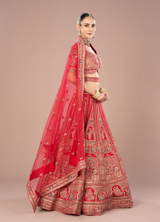 Mohey Women Fiery Red Festive Bridal Lehenga
