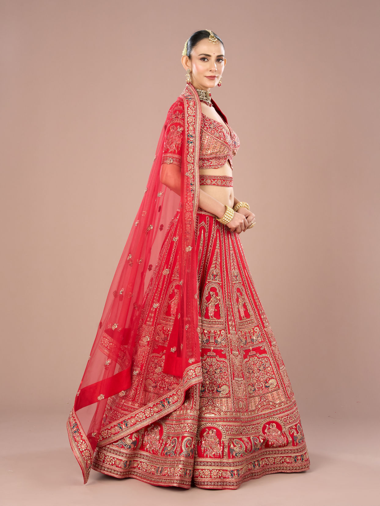Mohey Women Fiery Red Festive Bridal Lehenga