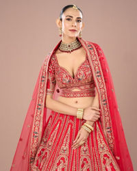 Mohey Women Fiery Red Festive Bridal Lehenga