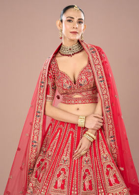Mohey Women Fiery Red Festive Bridal Lehenga