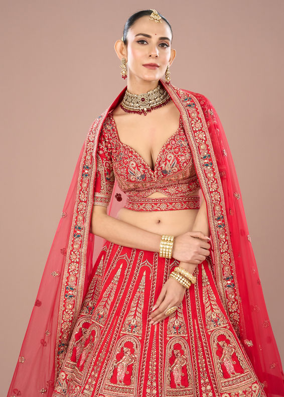 Mohey Women Fiery Red Festive Bridal Lehenga