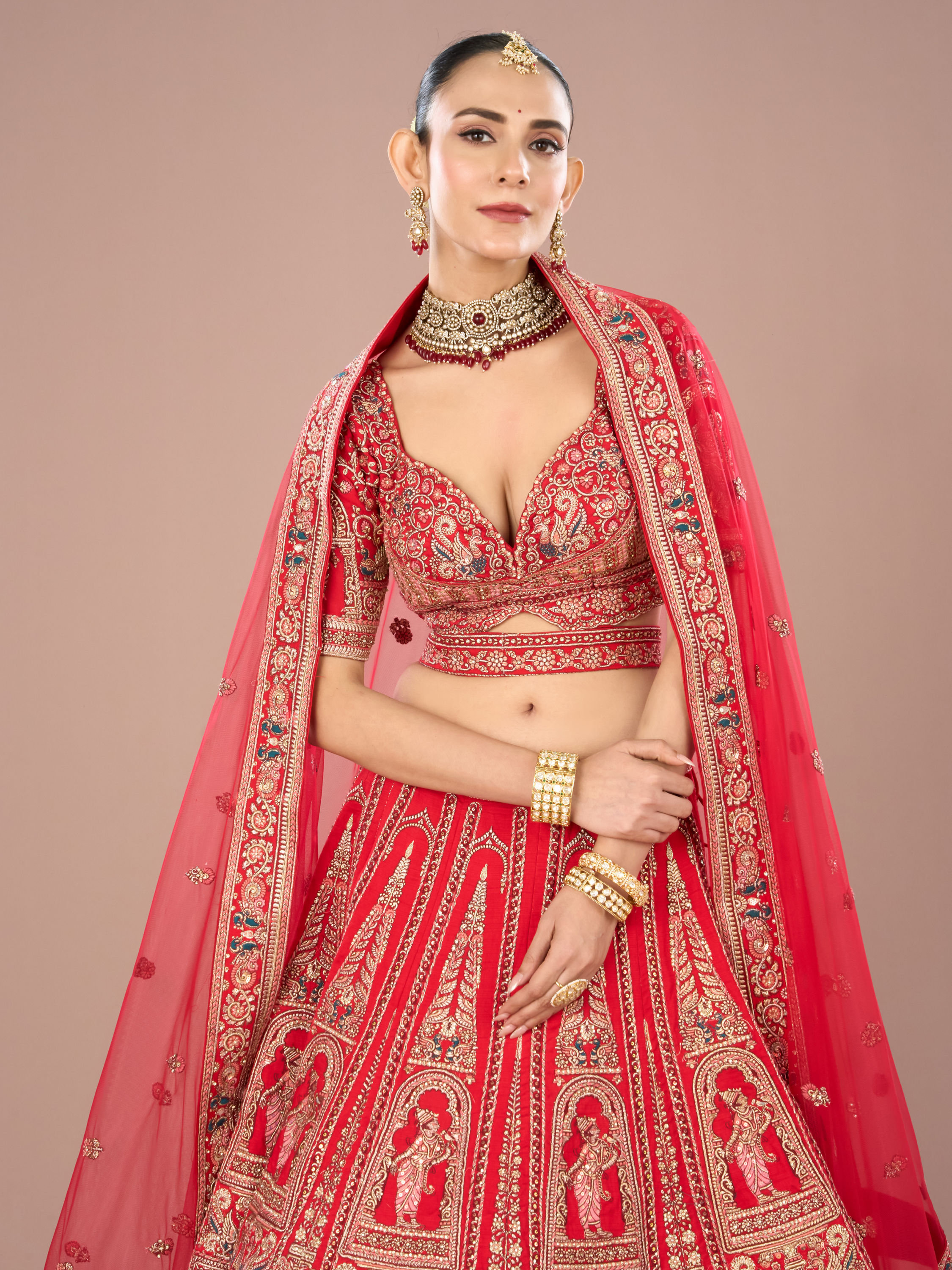 Mohey Women Fiery Red Festive Bridal Lehenga