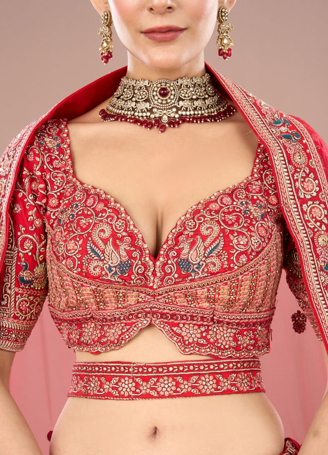 Mohey Women Fiery Red Festive Bridal Lehenga