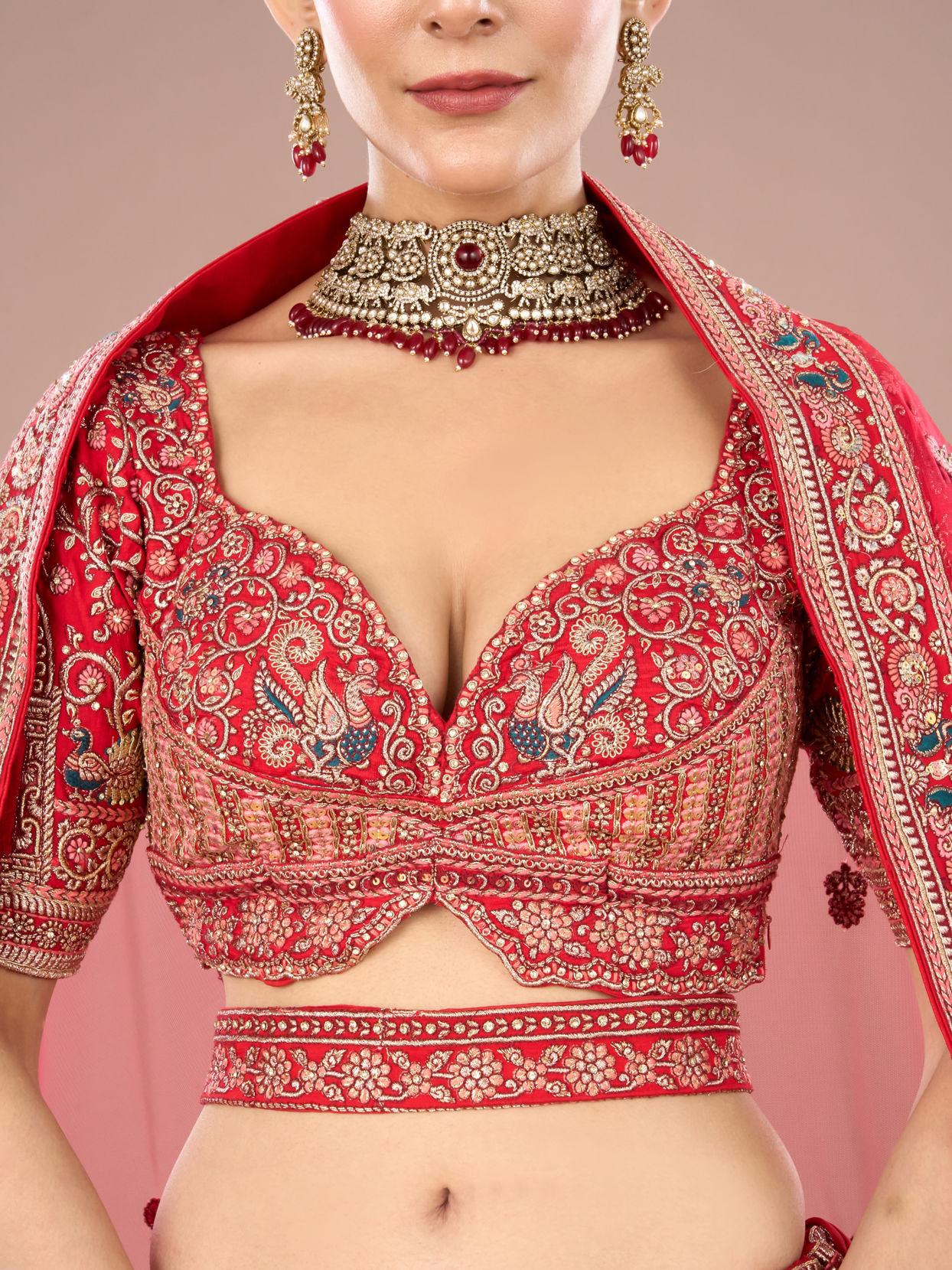 Mohey Women Fiery Red Festive Bridal Lehenga
