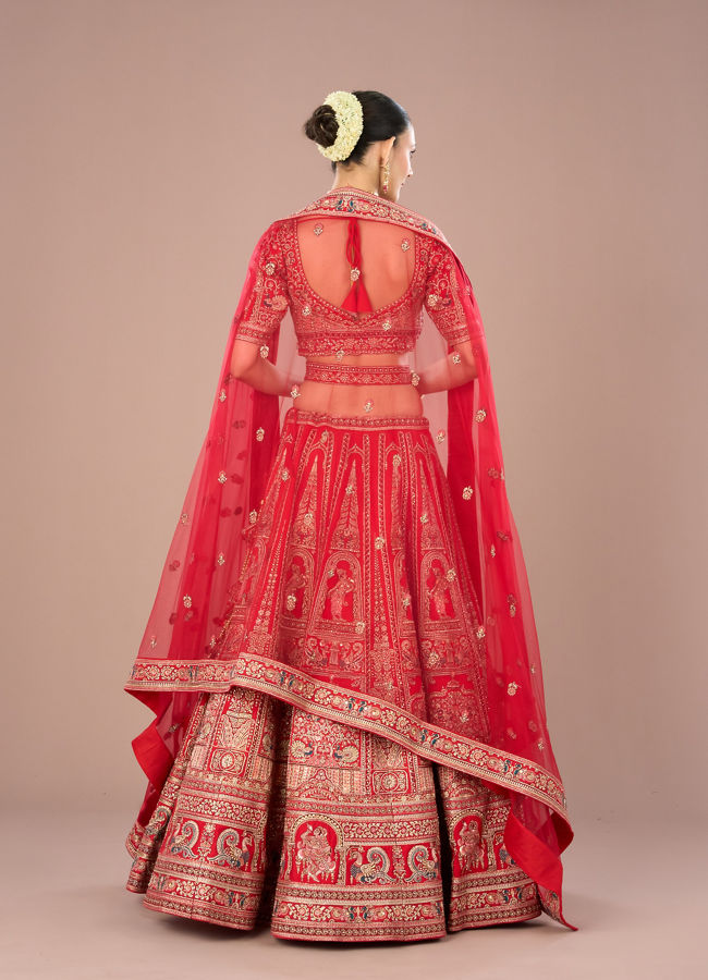 Mohey Women Fiery Red Festive Bridal Lehenga