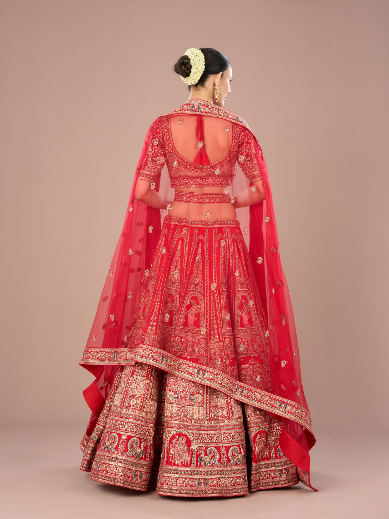 Mohey Women Fiery Red Festive Bridal Lehenga