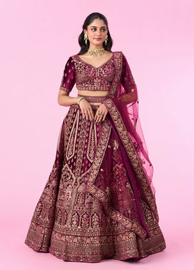 Mohey Women Regal Wine Velvet Bridal Lehenga