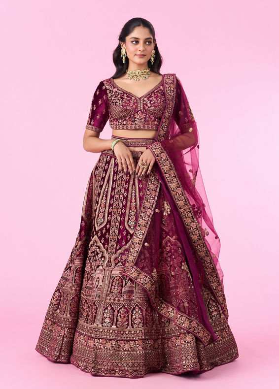 Mohey Women Regal Wine Velvet Bridal Lehenga