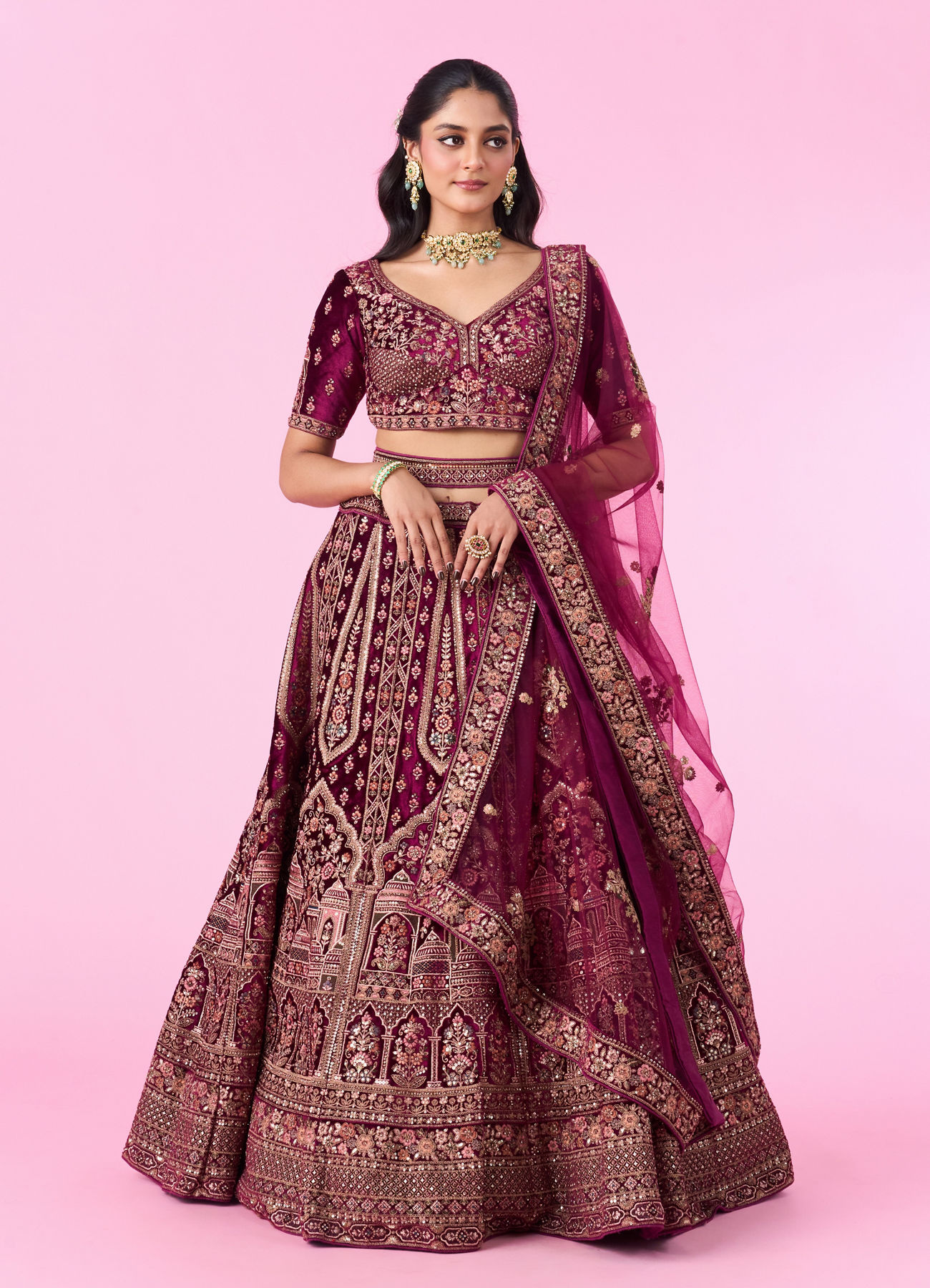 Mohey Women Regal Wine Velvet Bridal Lehenga
